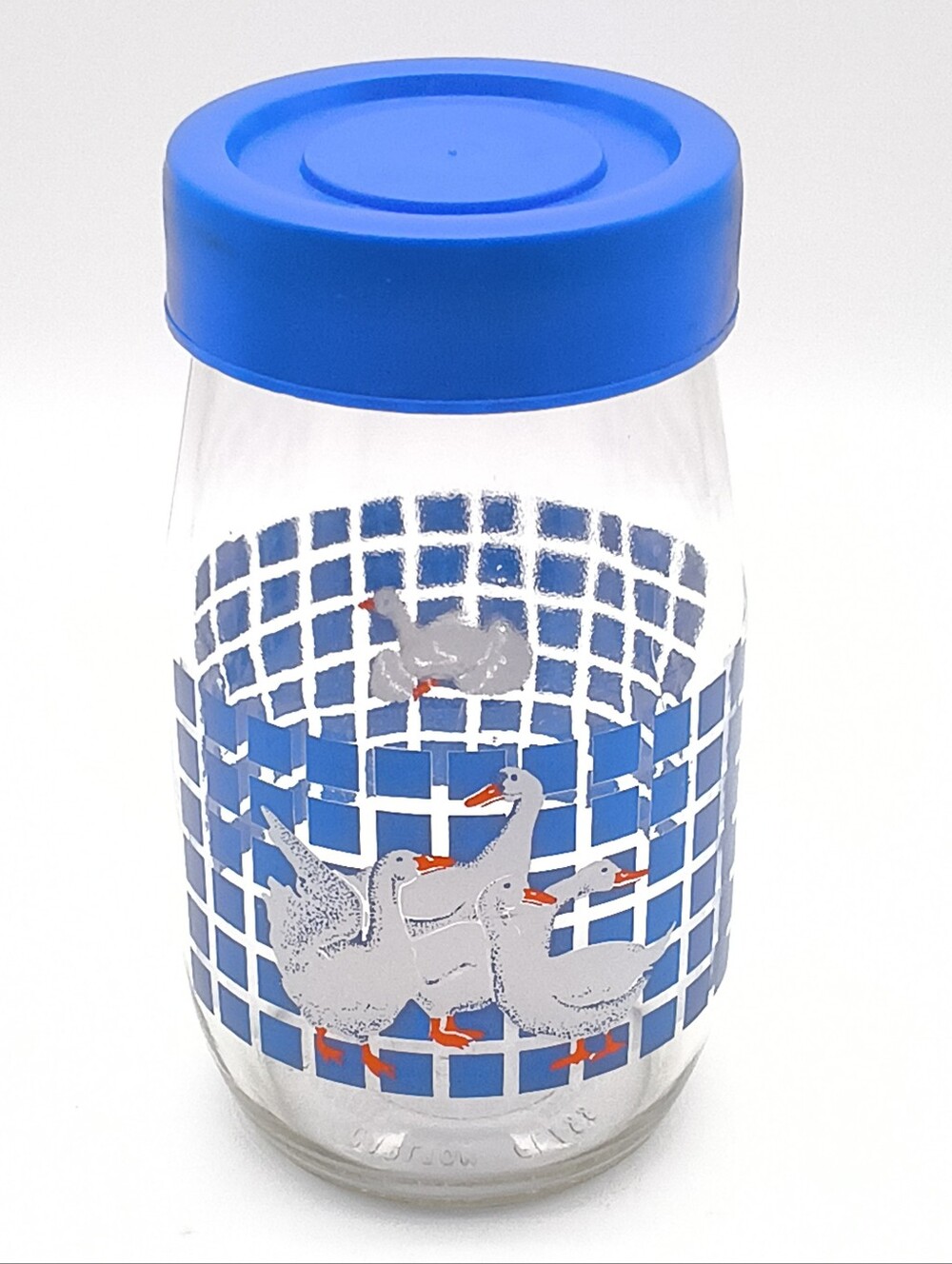 1.5L - 1982 Carlton Glass Country Geese / Blue Checkered Grid Canister Jar